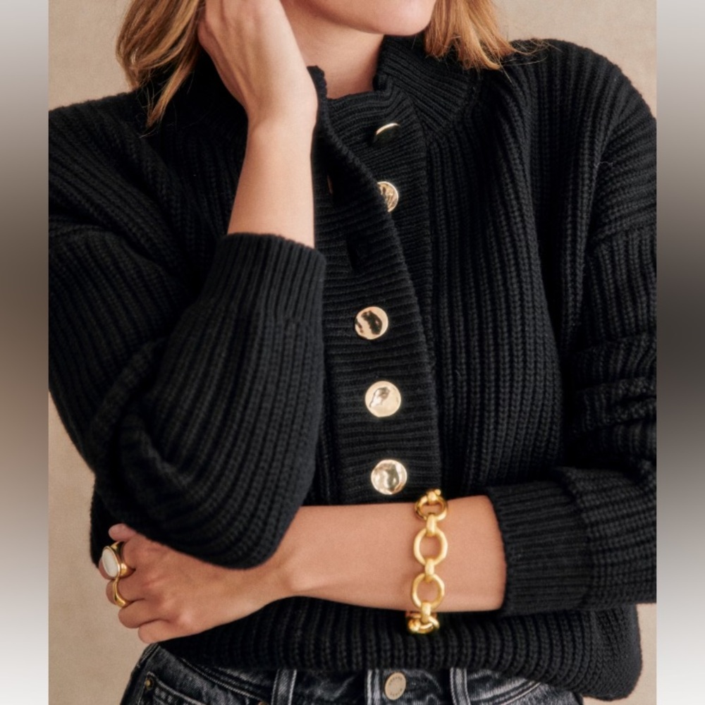 Sezane Lucas Sweater in Black with Gold Buttons